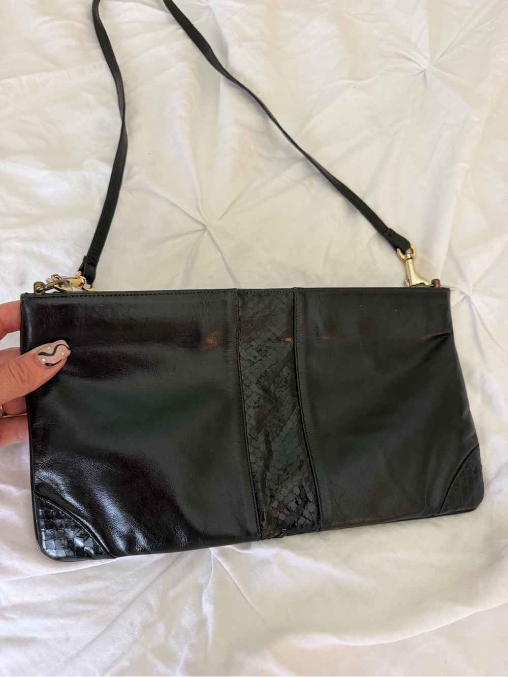 LISETTE Black Leather Crossbody Clutch with Textured Inset